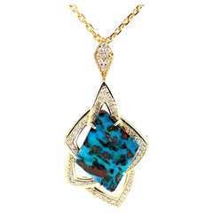 15.67 Carat Boulder Opal and Diamond Retro Style Pendant in 18k Yellow Gold