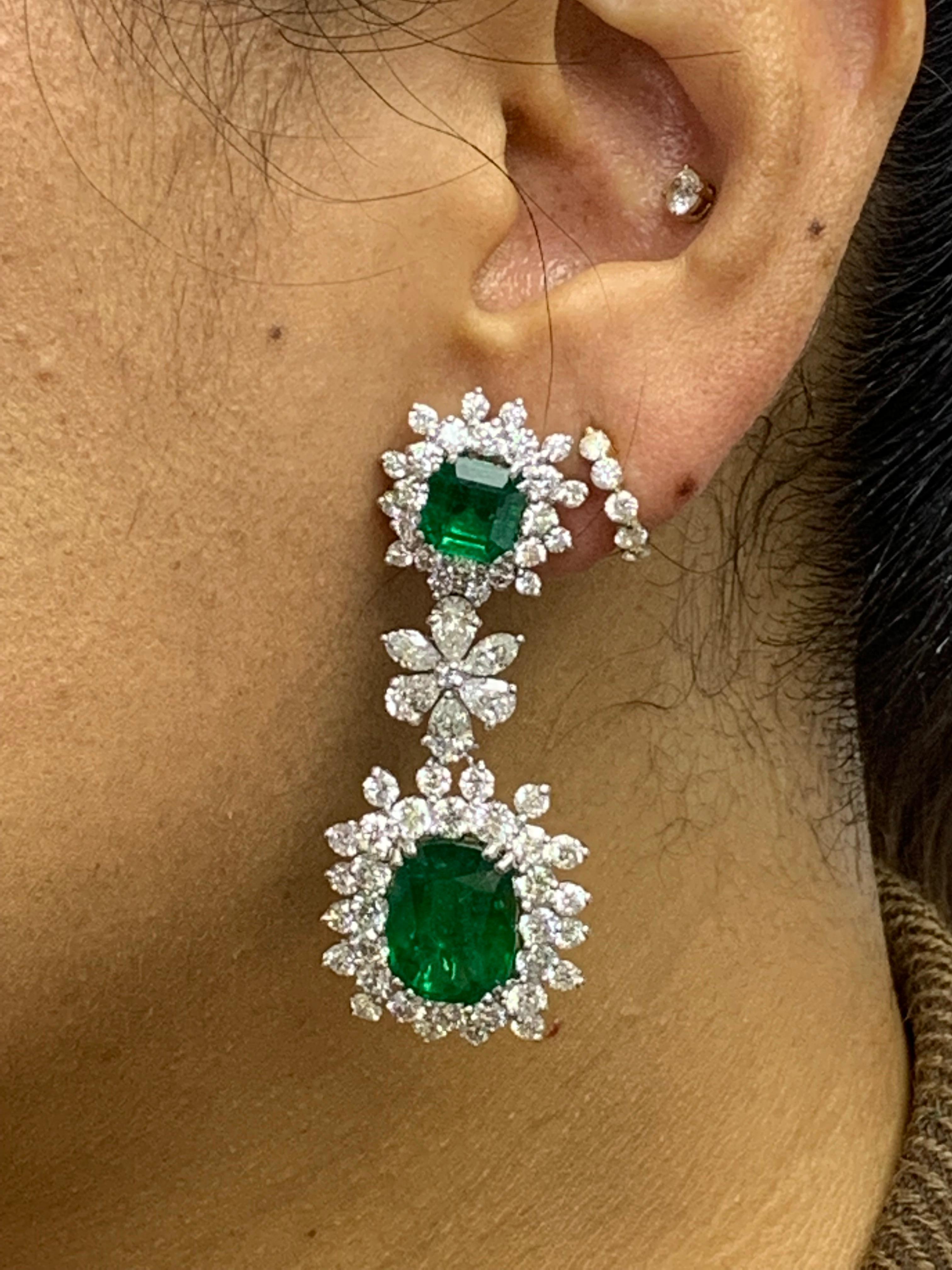 15.67 Carat Fancy Emerald and Diamond Halo Flower Dangle Earrings For Sale 4