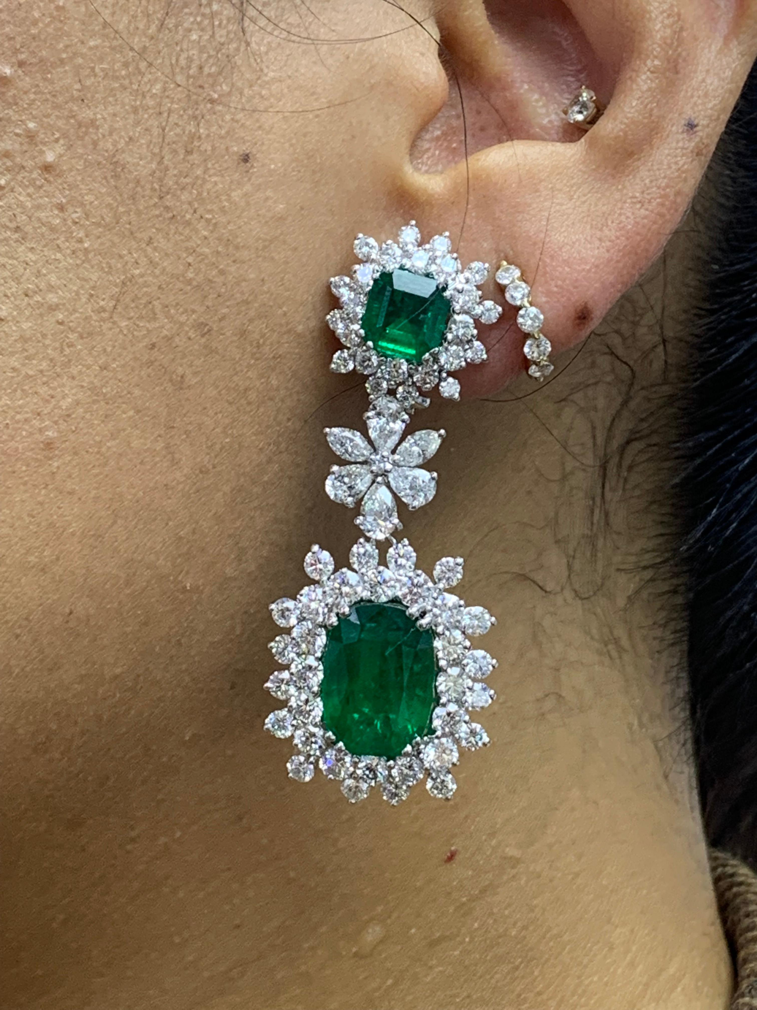 Contemporary 15.67 Carat Fancy Emerald and Diamond Halo Flower Dangle Earrings For Sale