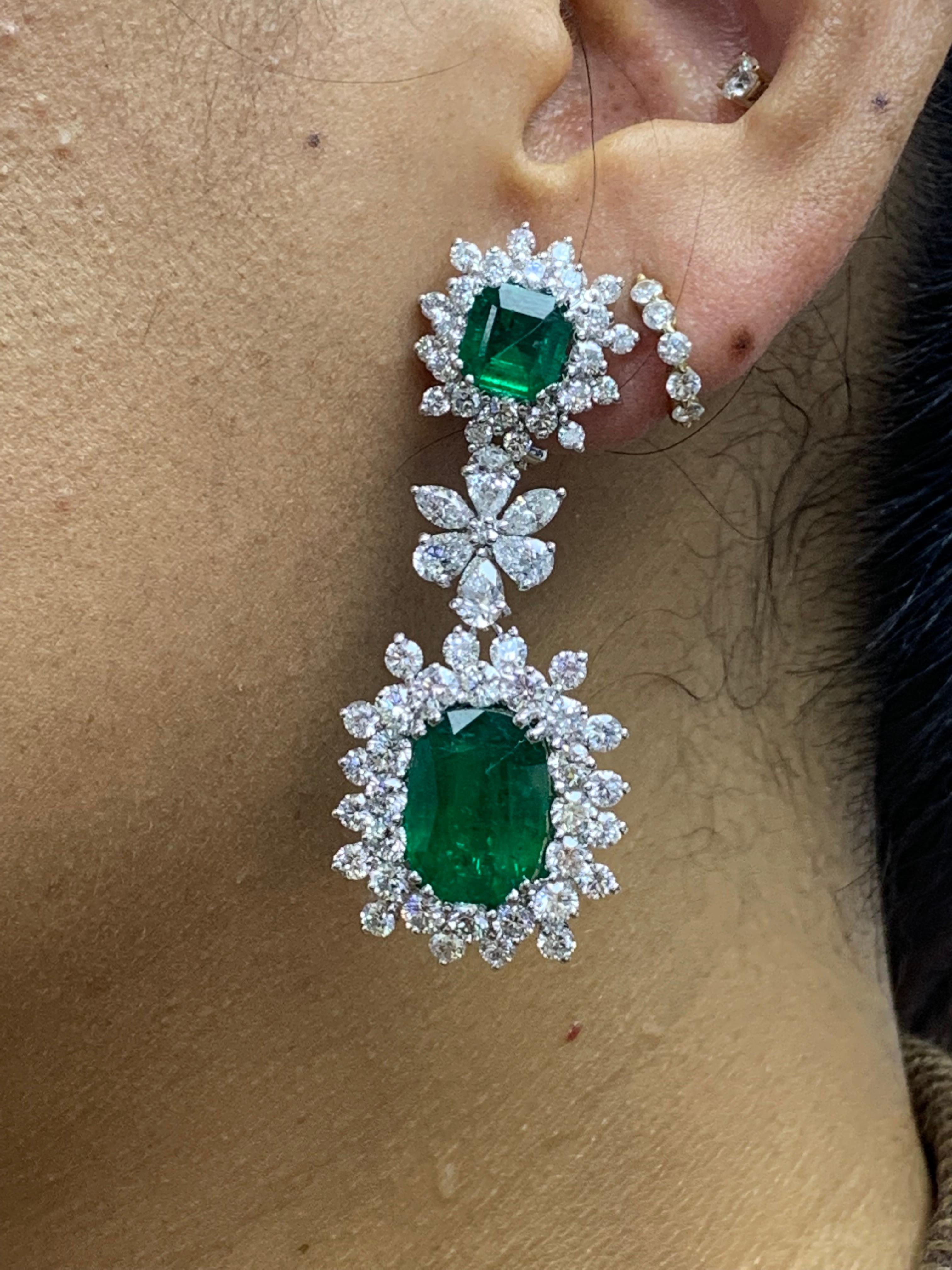 Emerald Cut 15.67 Carat Fancy Emerald and Diamond Halo Flower Dangle Earrings For Sale