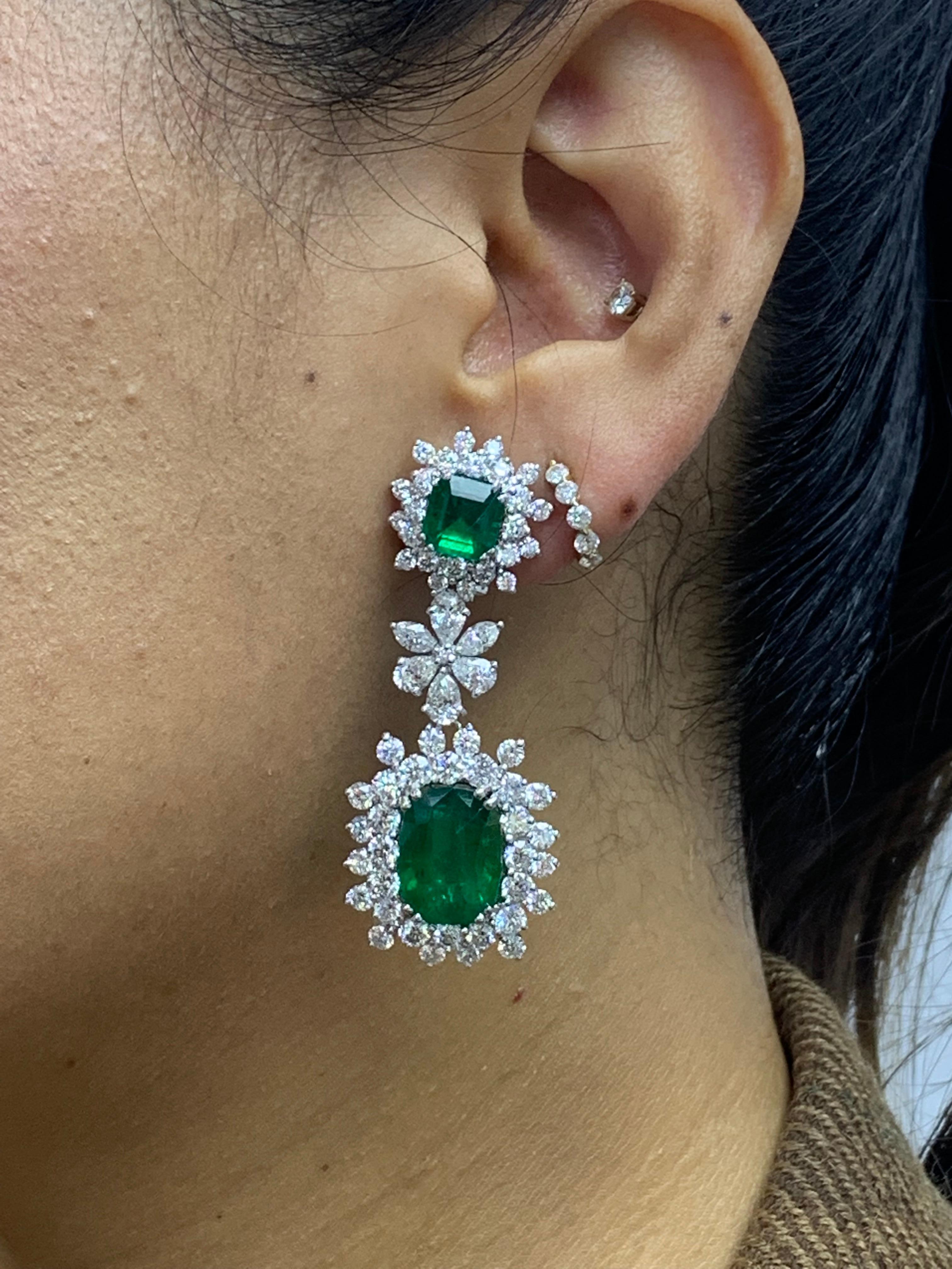 15.67 Carat Fancy Emerald and Diamond Halo Flower Dangle Earrings In New Condition For Sale In NEW YORK, NY