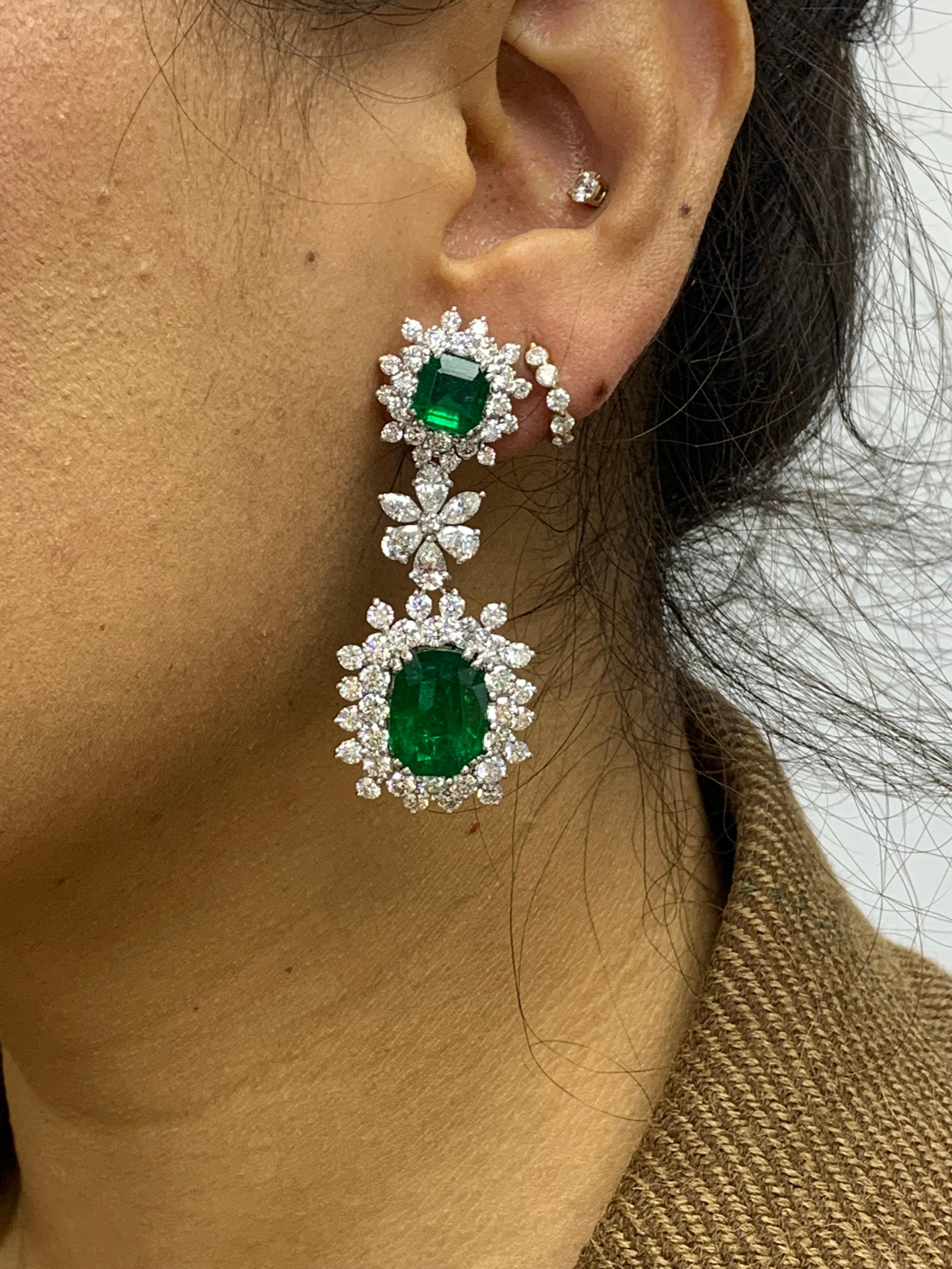 Women's 15.67 Carat Fancy Emerald and Diamond Halo Flower Dangle Earrings For Sale