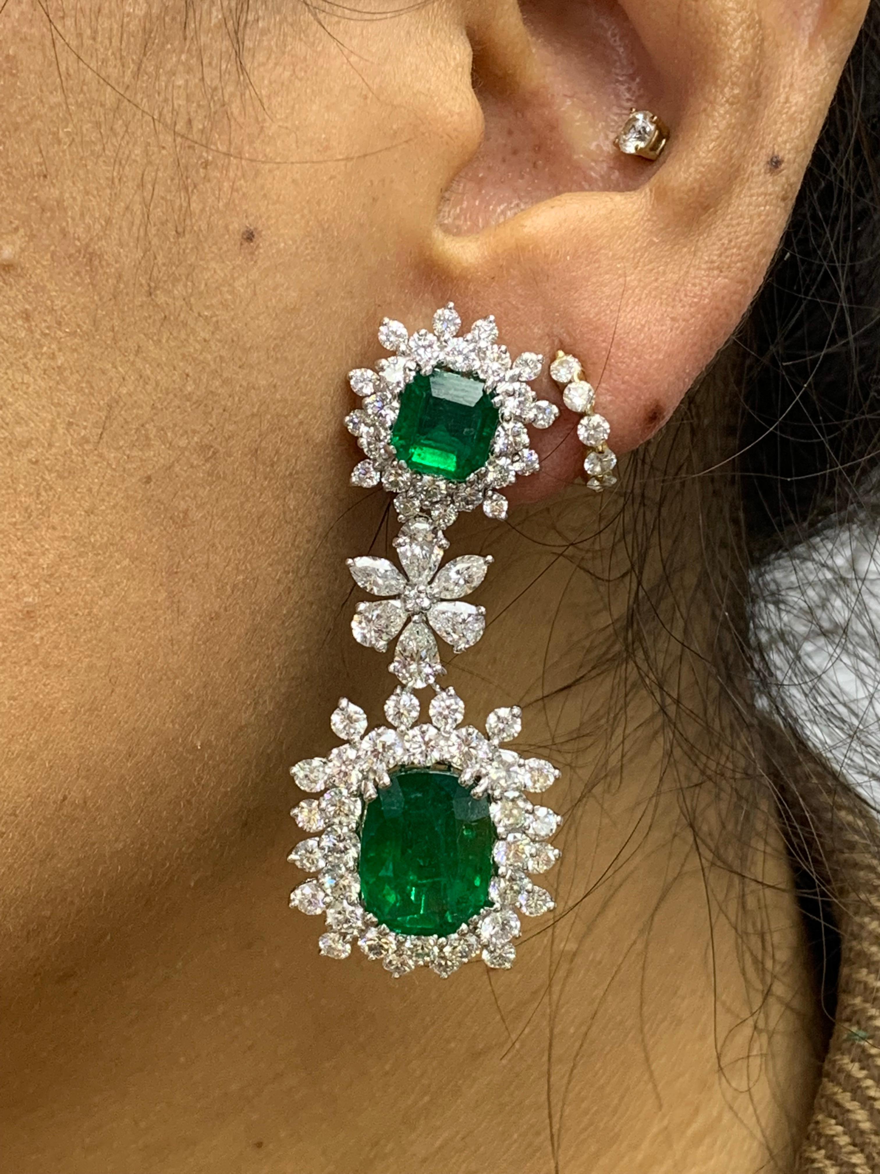 15.67 Carat Fancy Emerald and Diamond Halo Flower Dangle Earrings For Sale 1