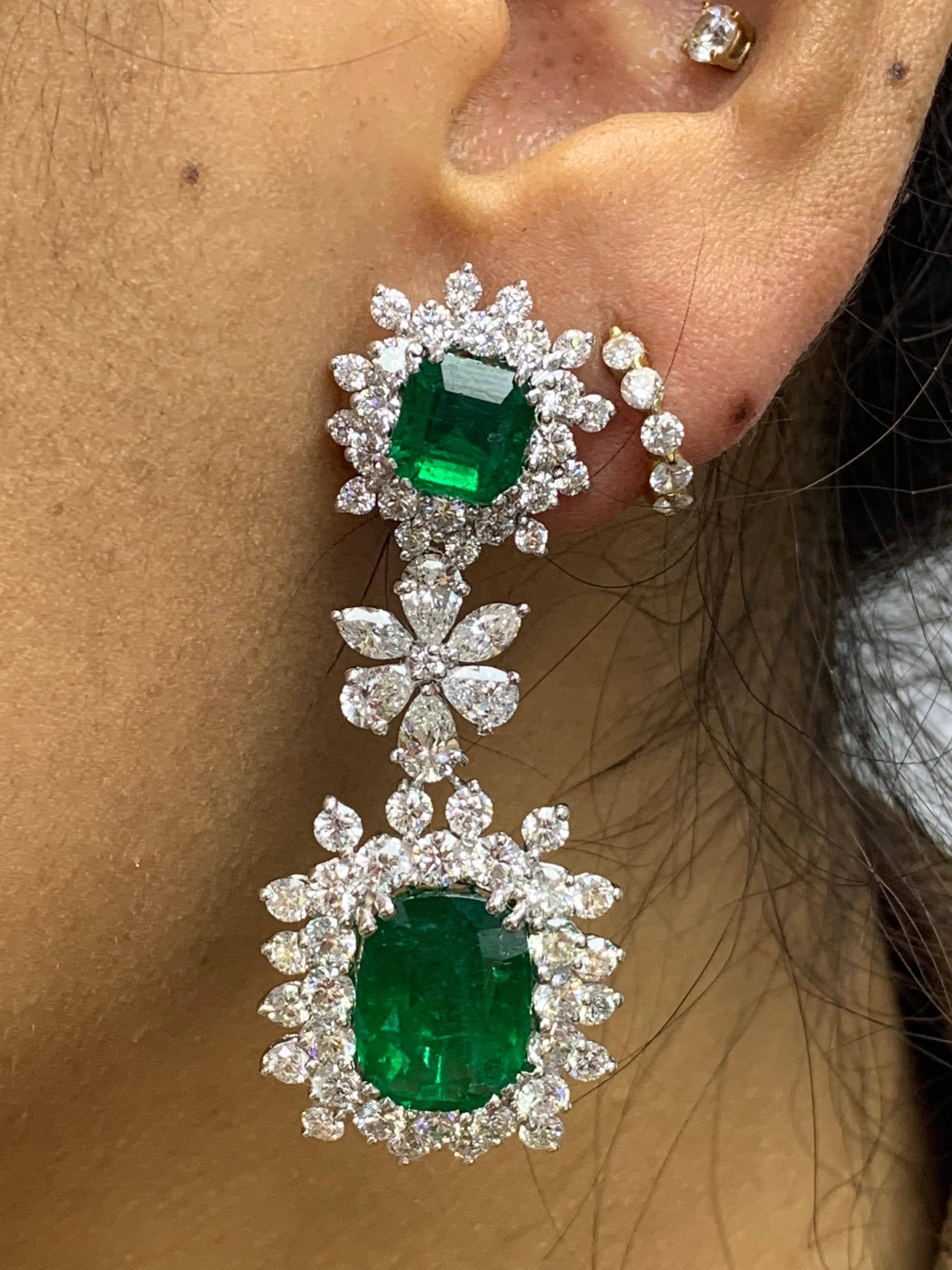15.67 Carat Fancy Emerald and Diamond Halo Flower Dangle Earrings For Sale 2