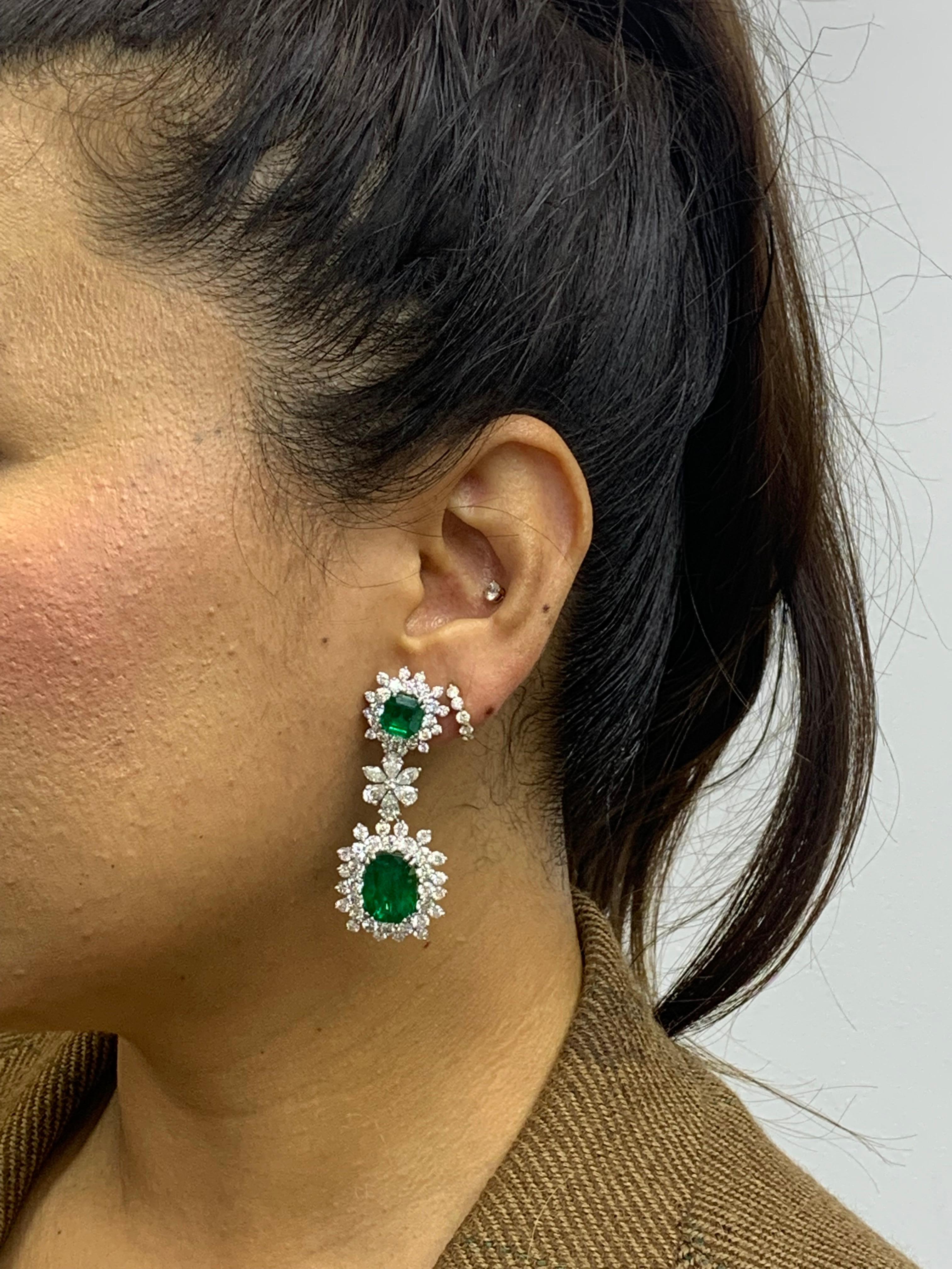 15.67 Carat Fancy Emerald and Diamond Halo Flower Dangle Earrings For Sale 3