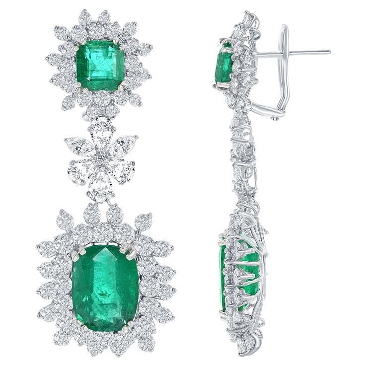 15.67 Carat Fancy Emerald and Diamond Halo Flower Dangle Earrings For Sale