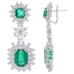 15.67 Carat Fancy Emerald and Diamond Halo Flower Dangle Earrings