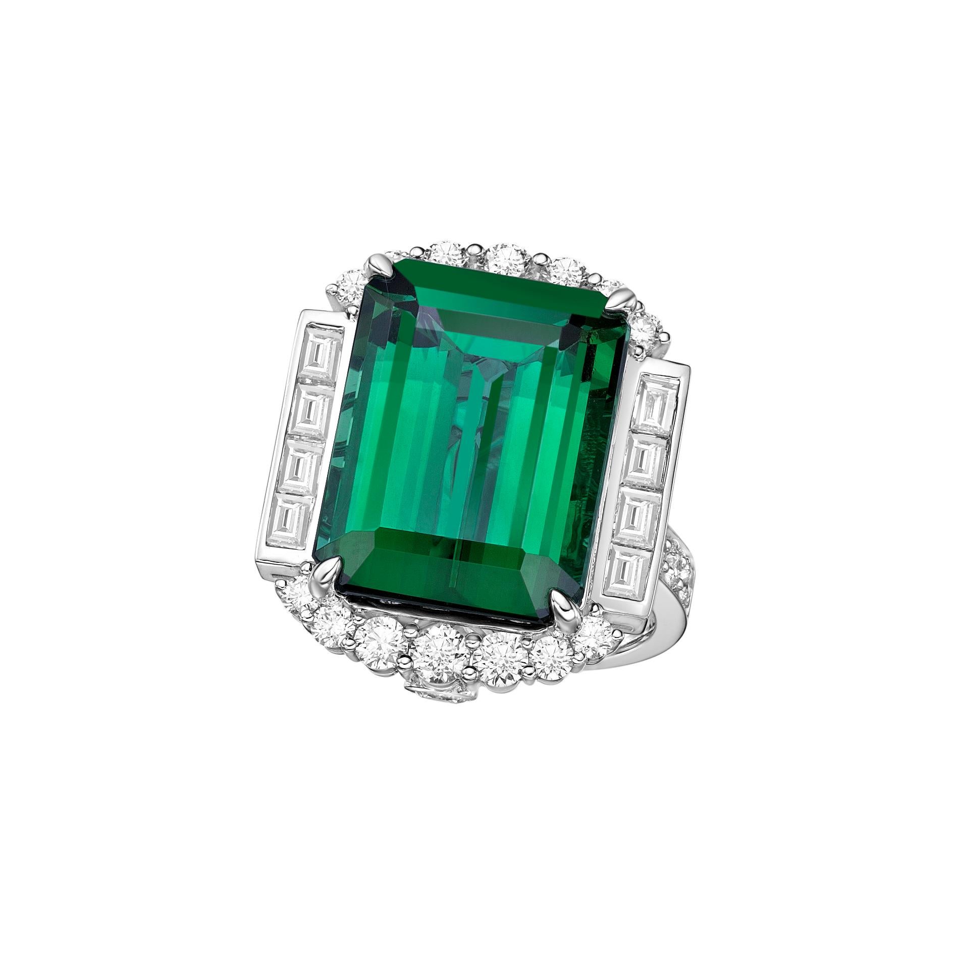 Octagon Cut 15.67 Carat Green Tourmaline Ring in 18Karat White Gold with Diamond.  For Sale