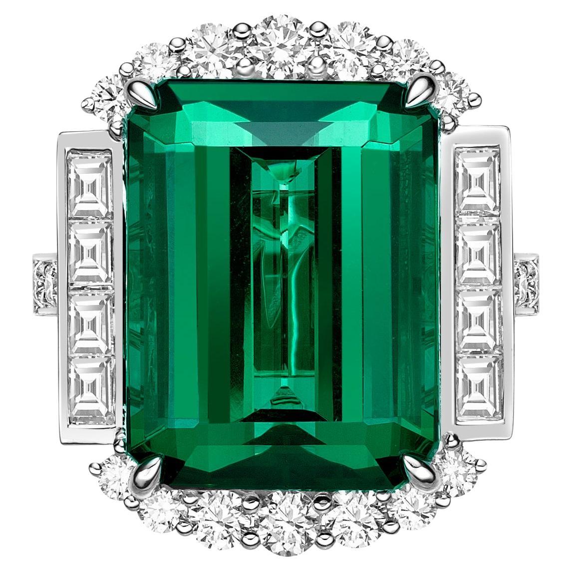 15.67 Carat Green Tourmaline Ring in 18Karat White Gold with Diamond. 