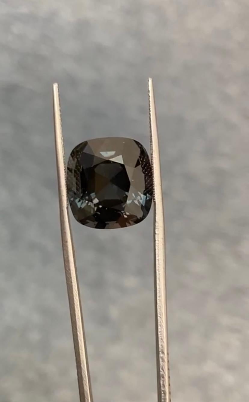 Cushion Cut 15.67 Carat GRS Certified No Heat Deep Grey-Blue Spinel and Diamond Ring