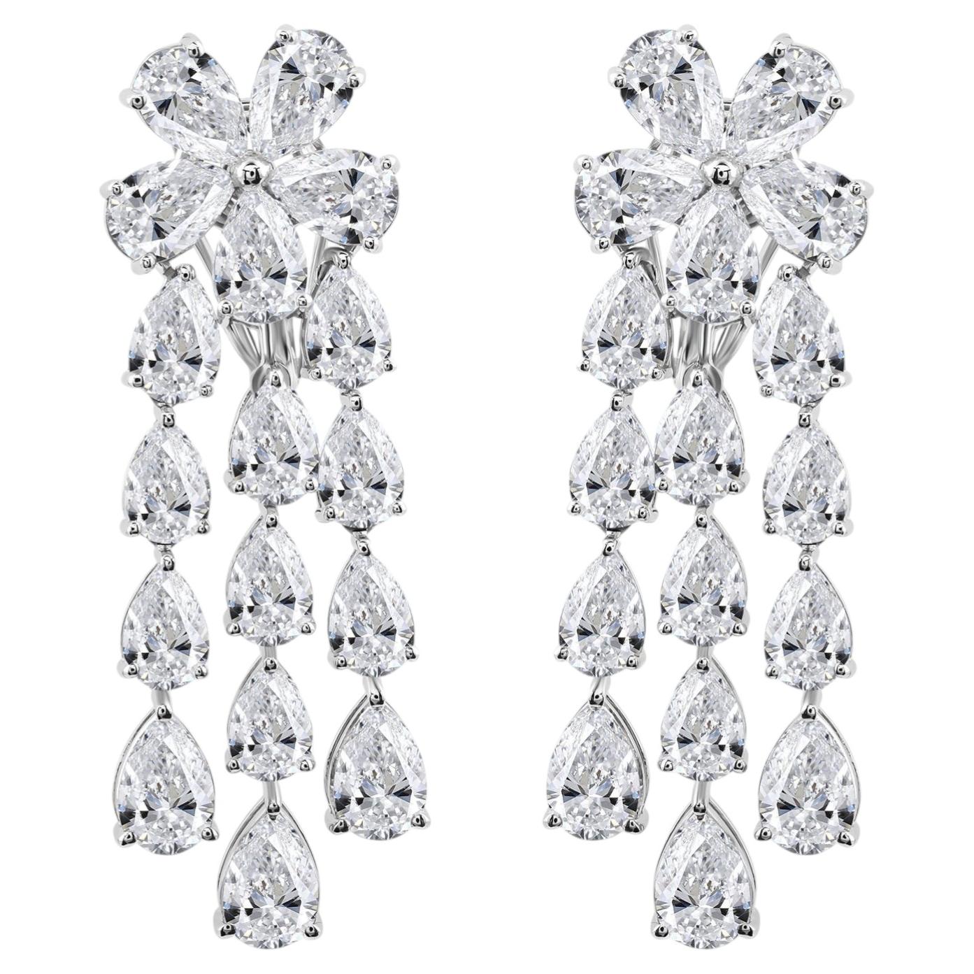15.67 Carat Pear-Shaped Natural Diamond Chandelier Earrings in 14K White Gold For Sale