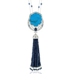 156.76 Carat Carved Turquoise Diamond 14 Karat Gold Lion Tassel Pendant Necklace