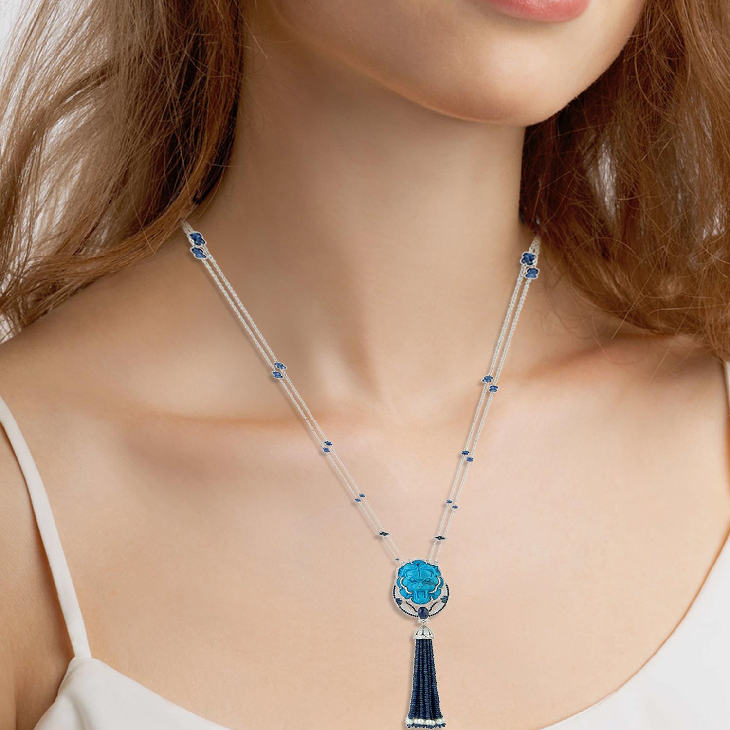 Artisan 156.76 Carat Carved Turquoise Diamond 14 Karat Gold Lion Tassel Pendant Necklace For Sale