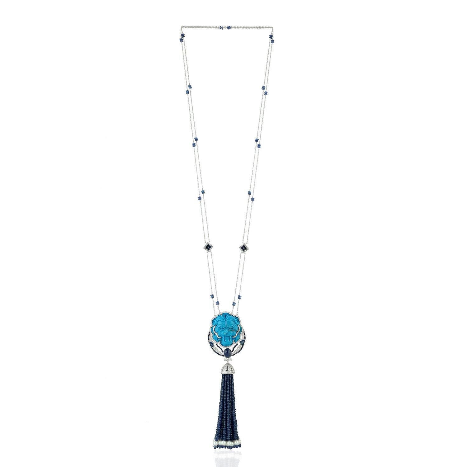 Mixed Cut 156.76 Carat Carved Turquoise Diamond 14 Karat Gold Lion Tassel Pendant Necklace For Sale