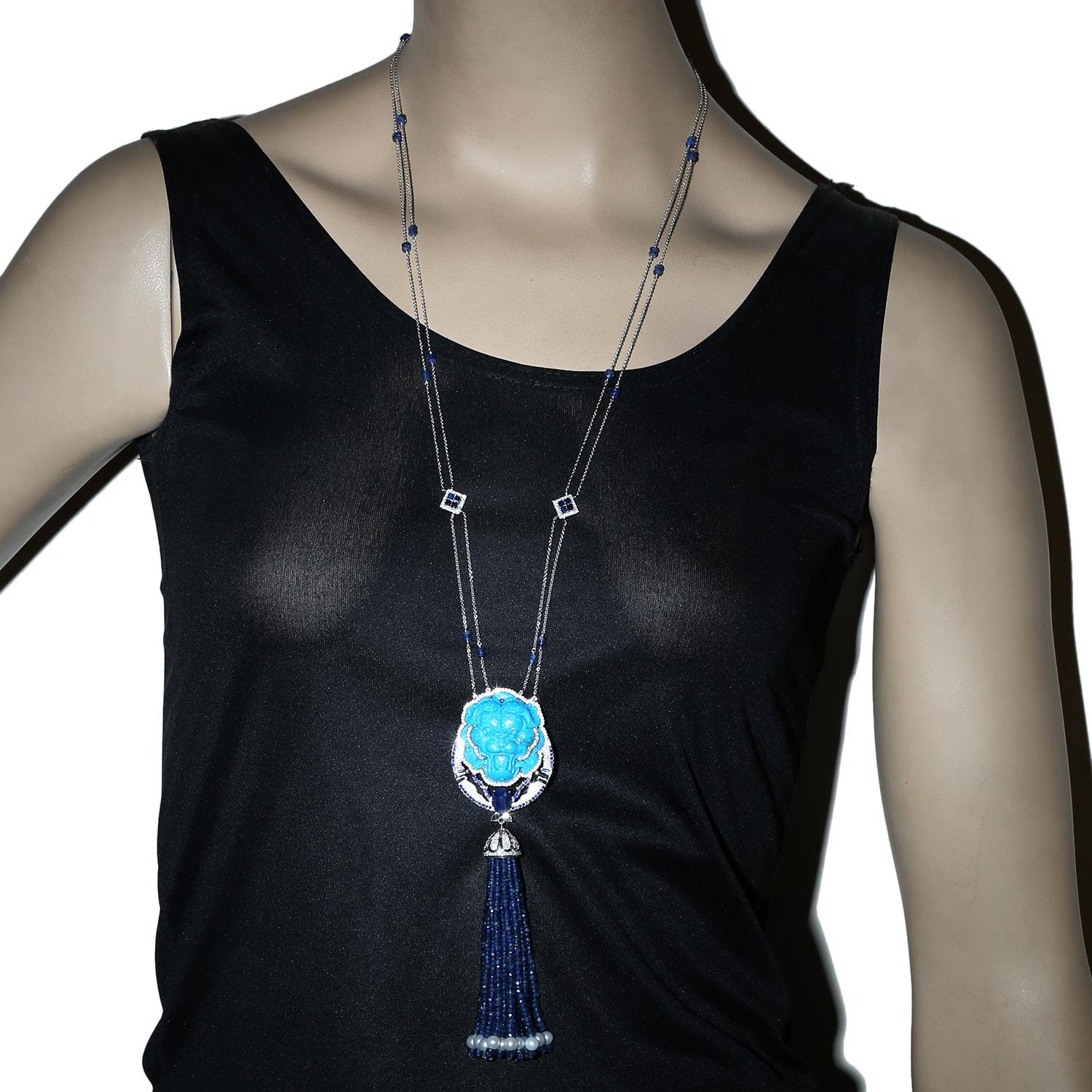 156.76 Carat Carved Turquoise Diamond 14 Karat Gold Lion Tassel Pendant Necklace In New Condition For Sale In Hoffman Estate, IL