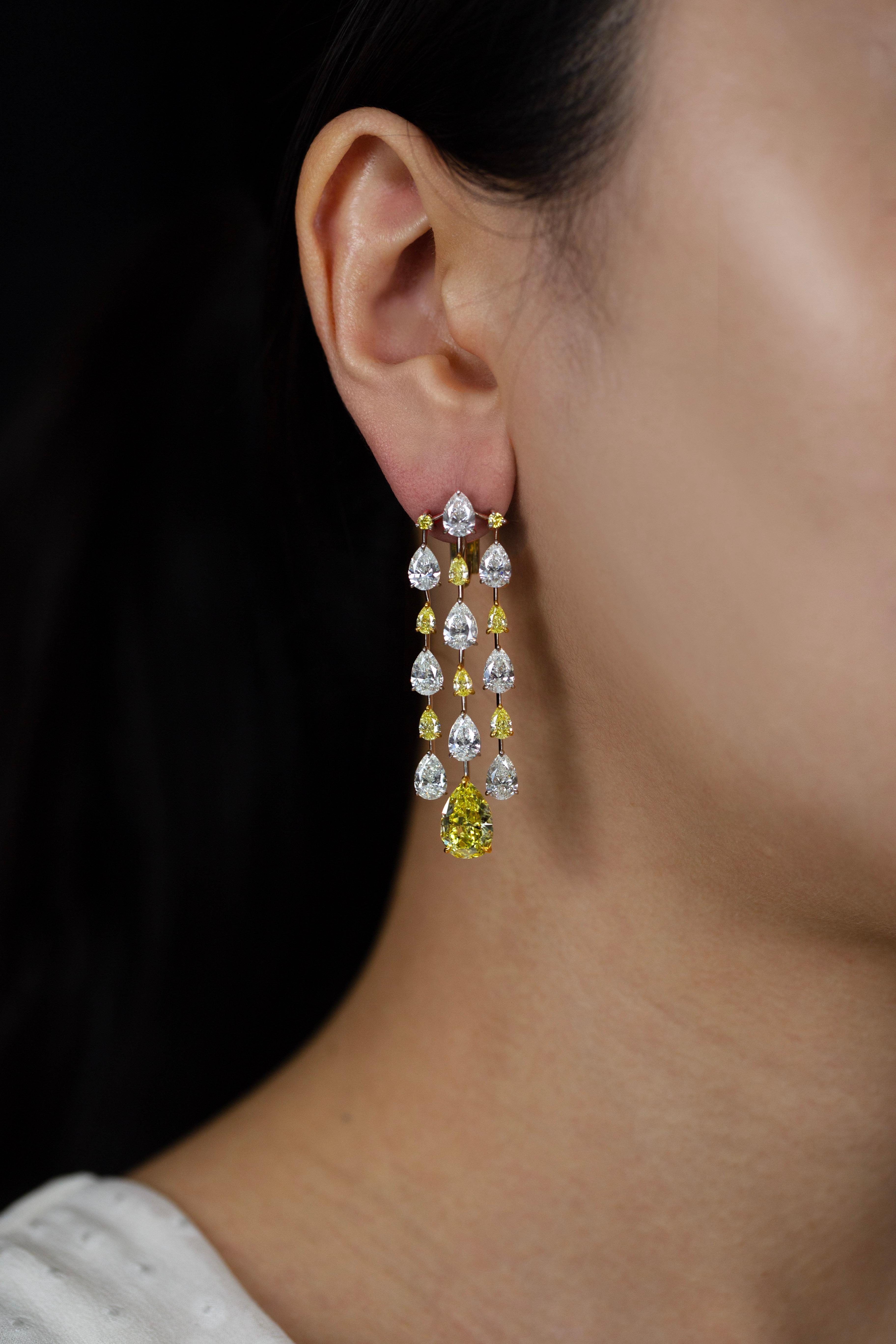 Contemporary 15.69 Carats Total Pear Shape Fancy Yellow White Diamond Chandelier Earrings For Sale
