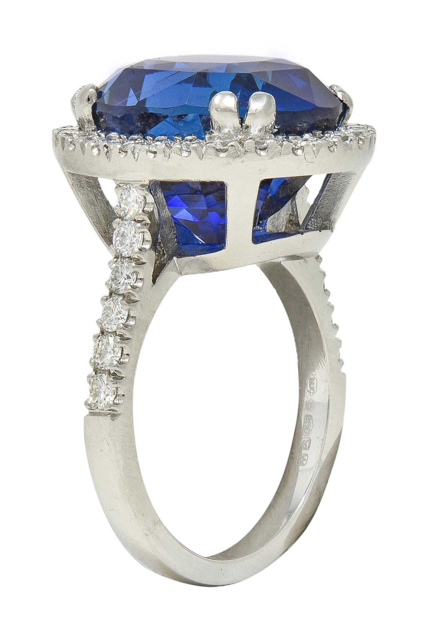 Moderne 15.69 CTW No Heat Ceylon Blue Sapphire Diamond Platinum Vintage Halo Ring AGL en vente