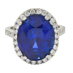 15,69 CTW No Heat Ceylon Blue Sapphire Diamond Platinum Vintage Halo Ring AGL