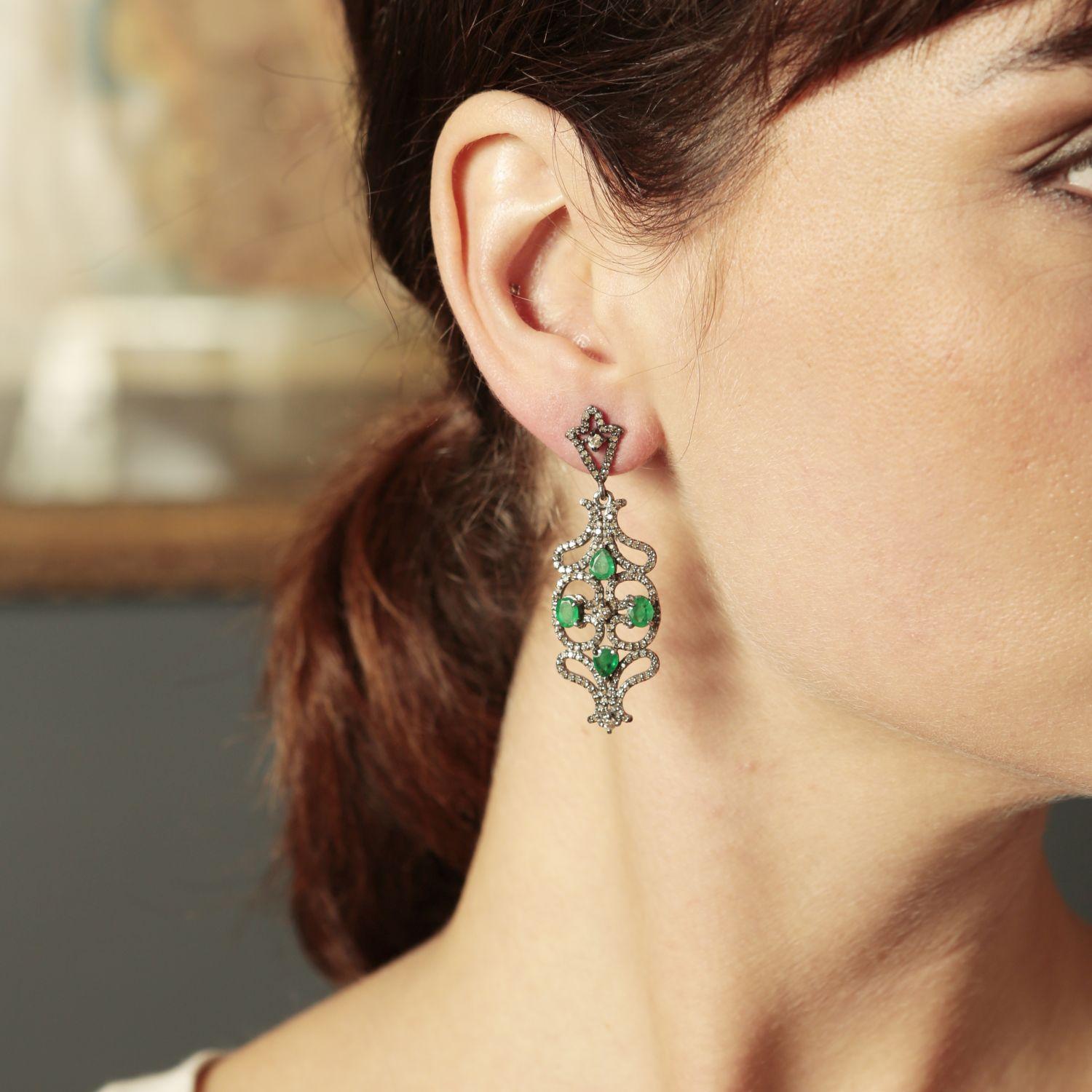 Victorian 1569 Fatehpur Jali Emerald and Diamond Drop Earrings