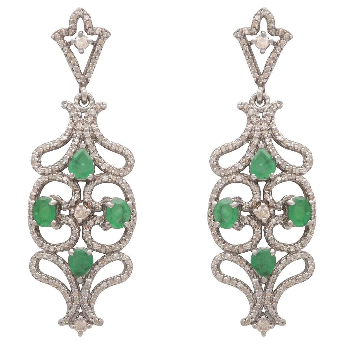 1569 Fatehpur Jali Emerald and Diamond Drop Earrings