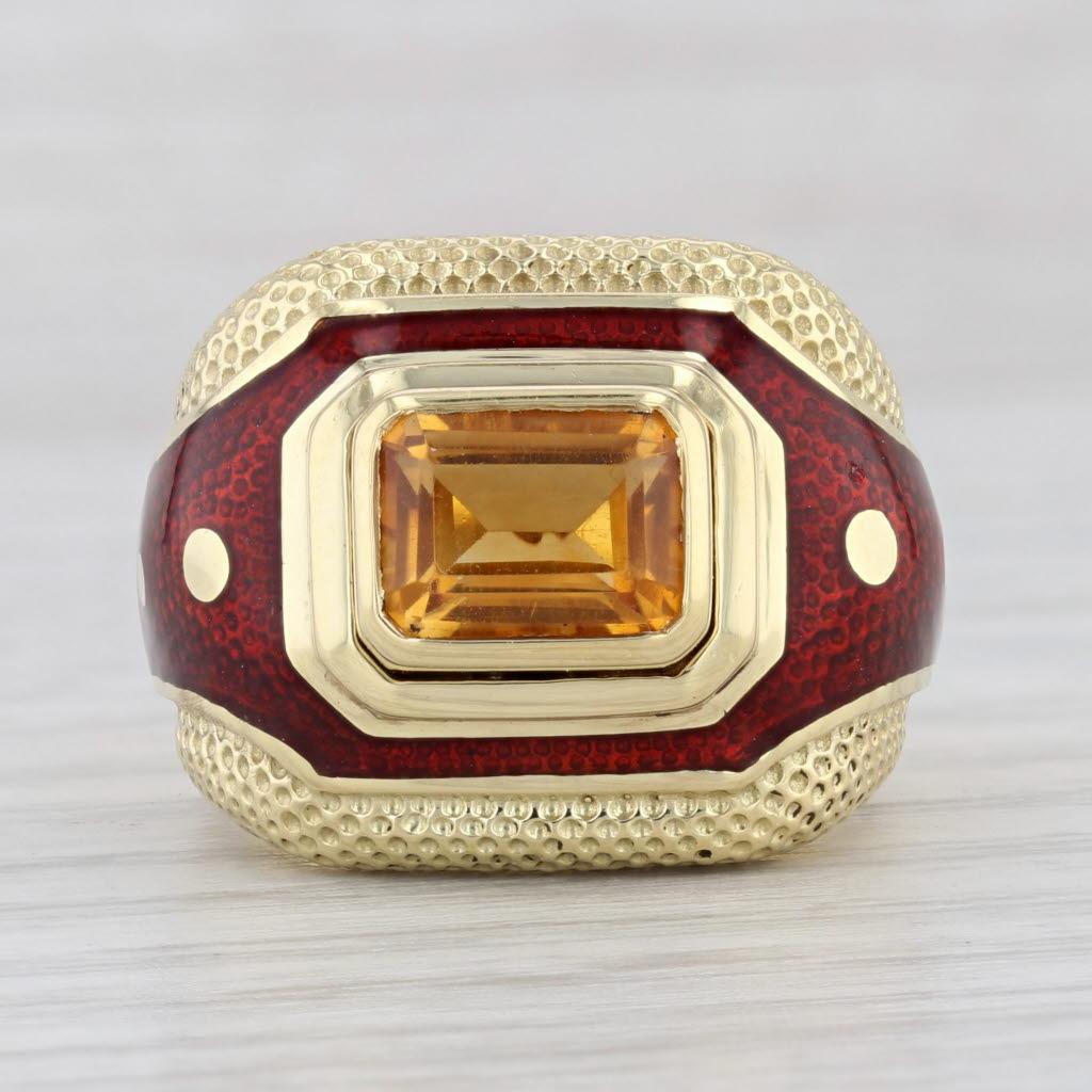 Emerald Cut 1.56ct Citrine Susy Mor Cocktail Ring 18k Yellow Gold Red Enamel Size 6