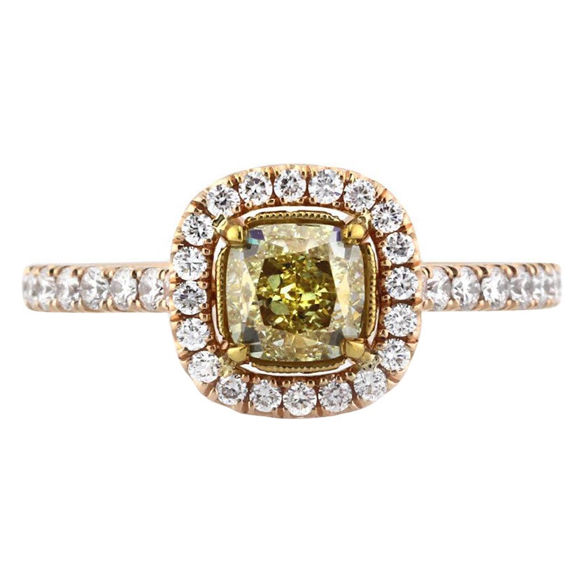 1.56ct Fancy Vivid Yellow Cushion Cut Diamond Engagement Ring For Sale