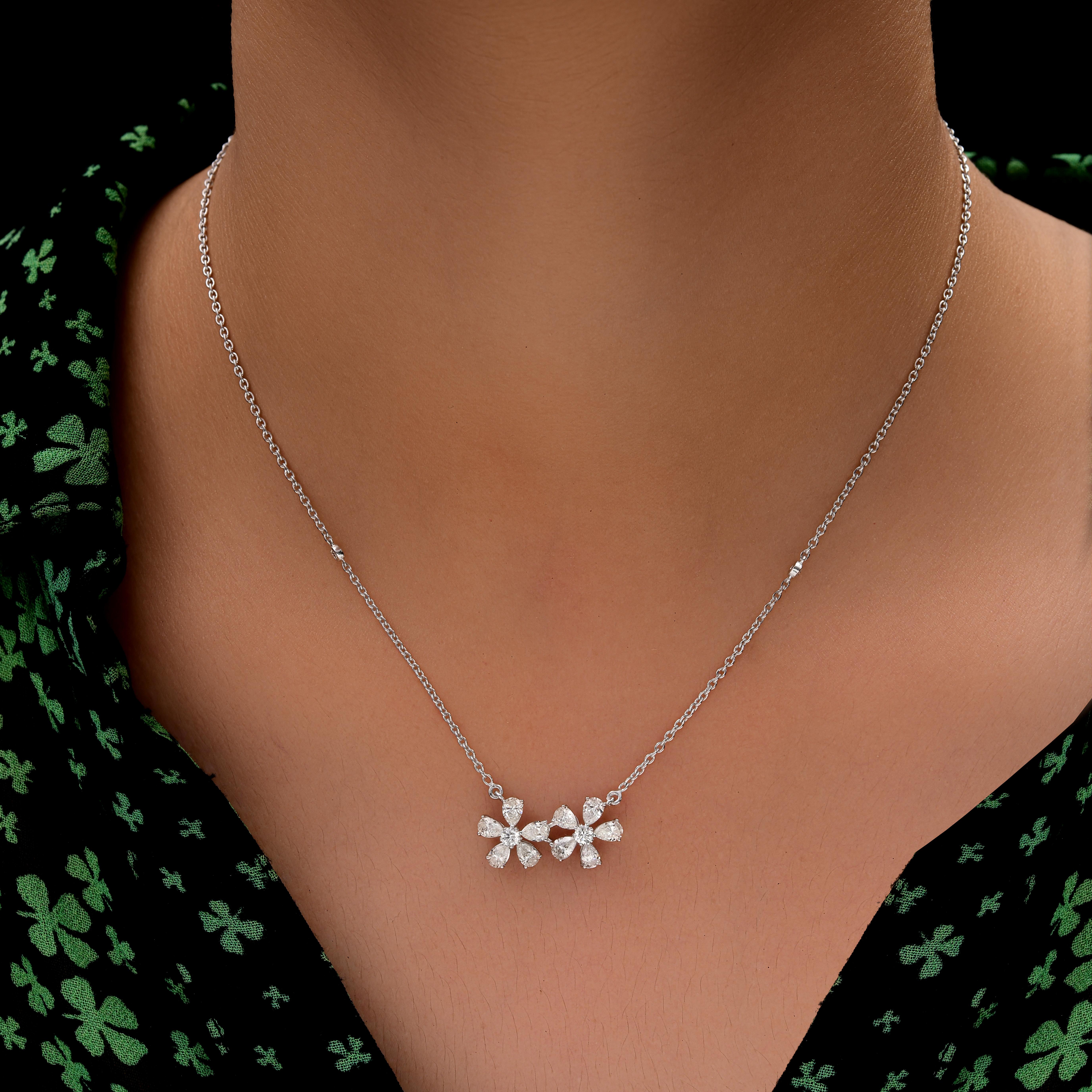 1,56 Karat Birnenschliff SI/HI Diamant Zwillingsblumen-Anhänger Kette Halskette 14k Weißgold im Zustand „Neu“ im Angebot in Diera, Dubai