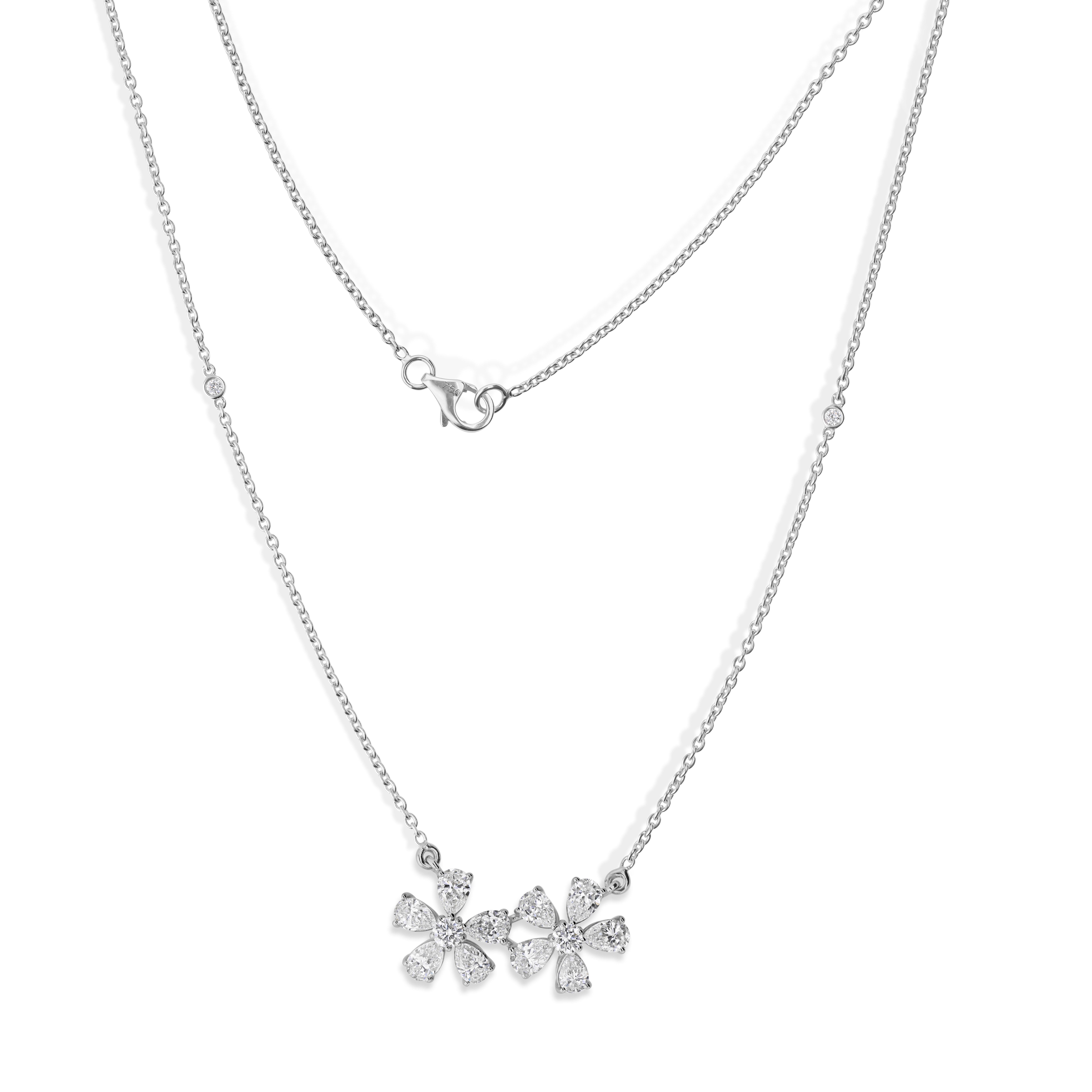 1,56 Karat Birnenschliff SI/HI Diamant Zwillingsblumen-Anhänger Kette Halskette 14k Weißgold Damen im Angebot