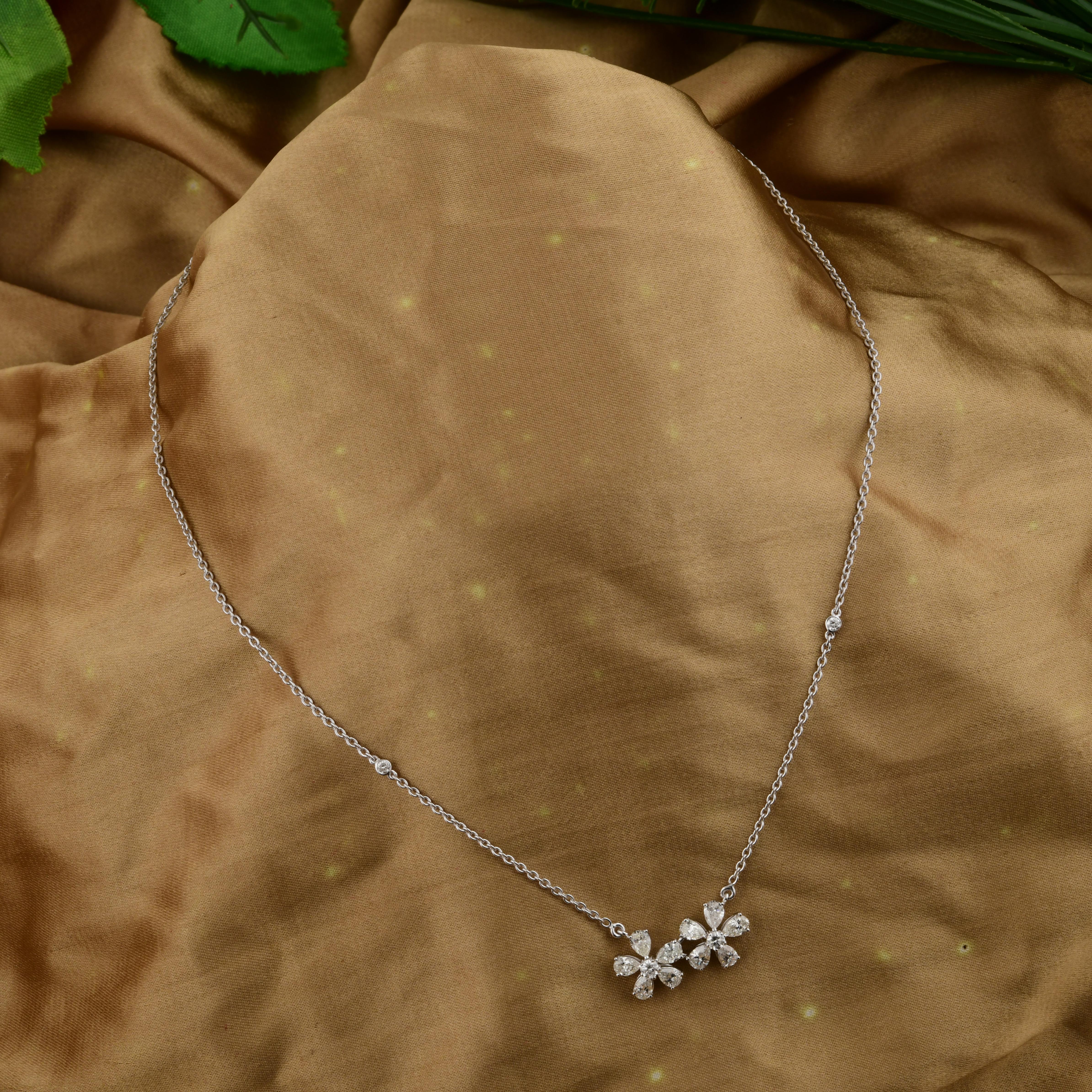 1,56 Karat Birnenschliff SI/HI Diamant Zwillingsblumen-Anhänger Kette Halskette 14k Weißgold im Angebot 1
