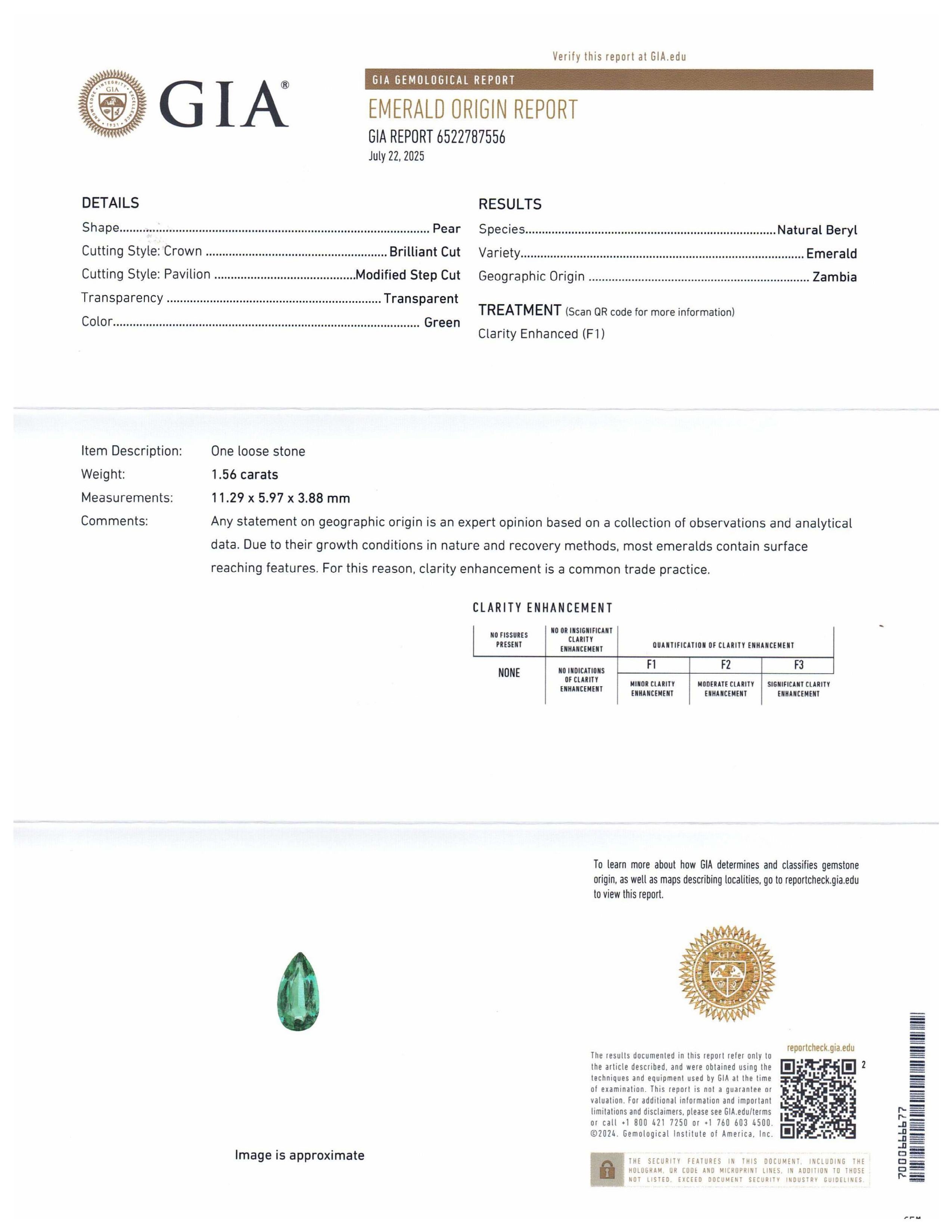 This is a stunning GIA Certified Emerald 


The GIA report reads as follows:

GIA Report Number: 6522787556
Shape: Pear
Cutting Style: 
Cutting Style: Crown: Brilliant Cut
Cutting Style: Pavilion: Modified Step Cut
Transparency: Transparent
Colour: