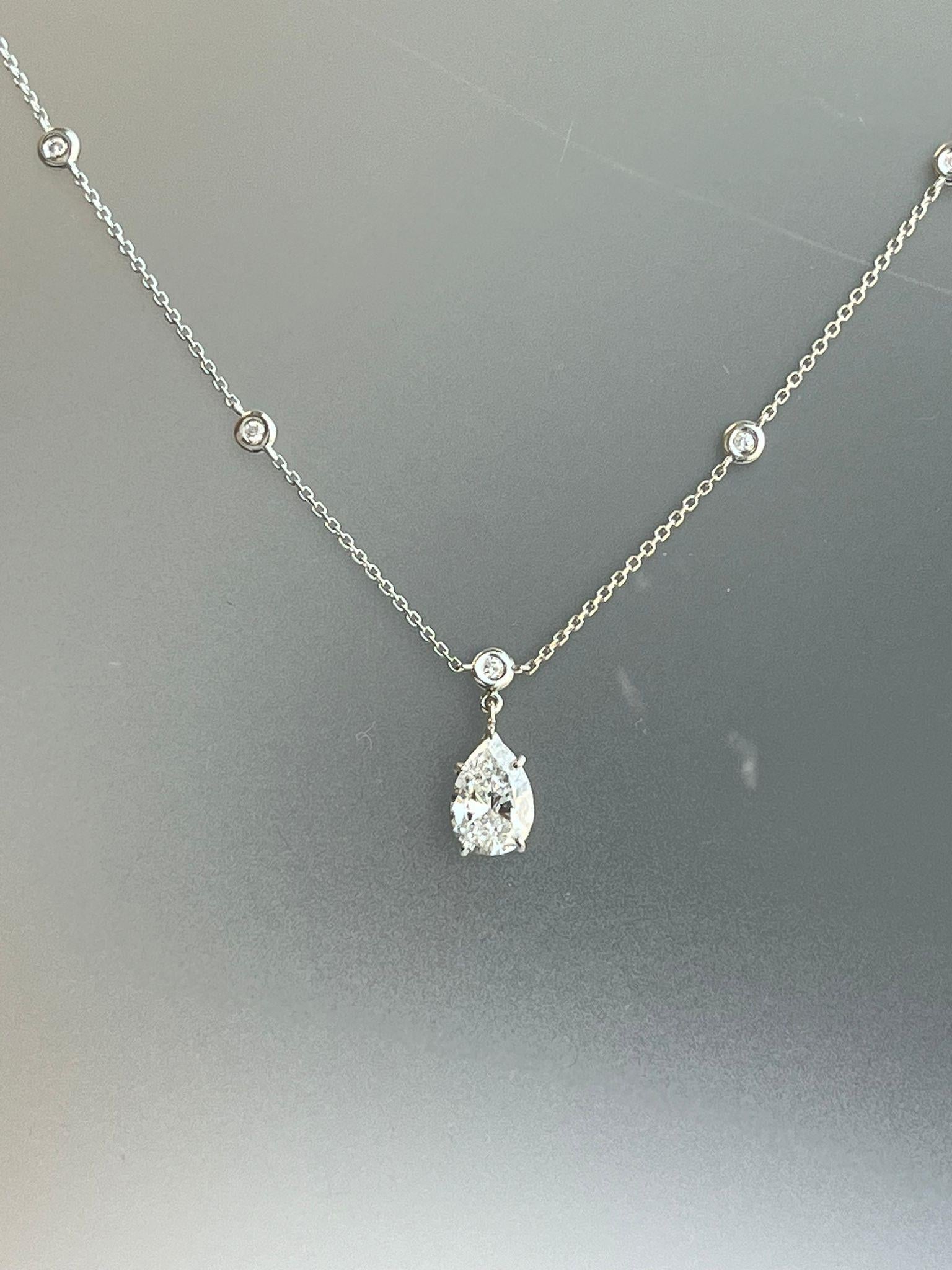 1.56ct Pear Shape Diamond Link Chain Station Necklace Pendant 14K White Gold For Sale 2