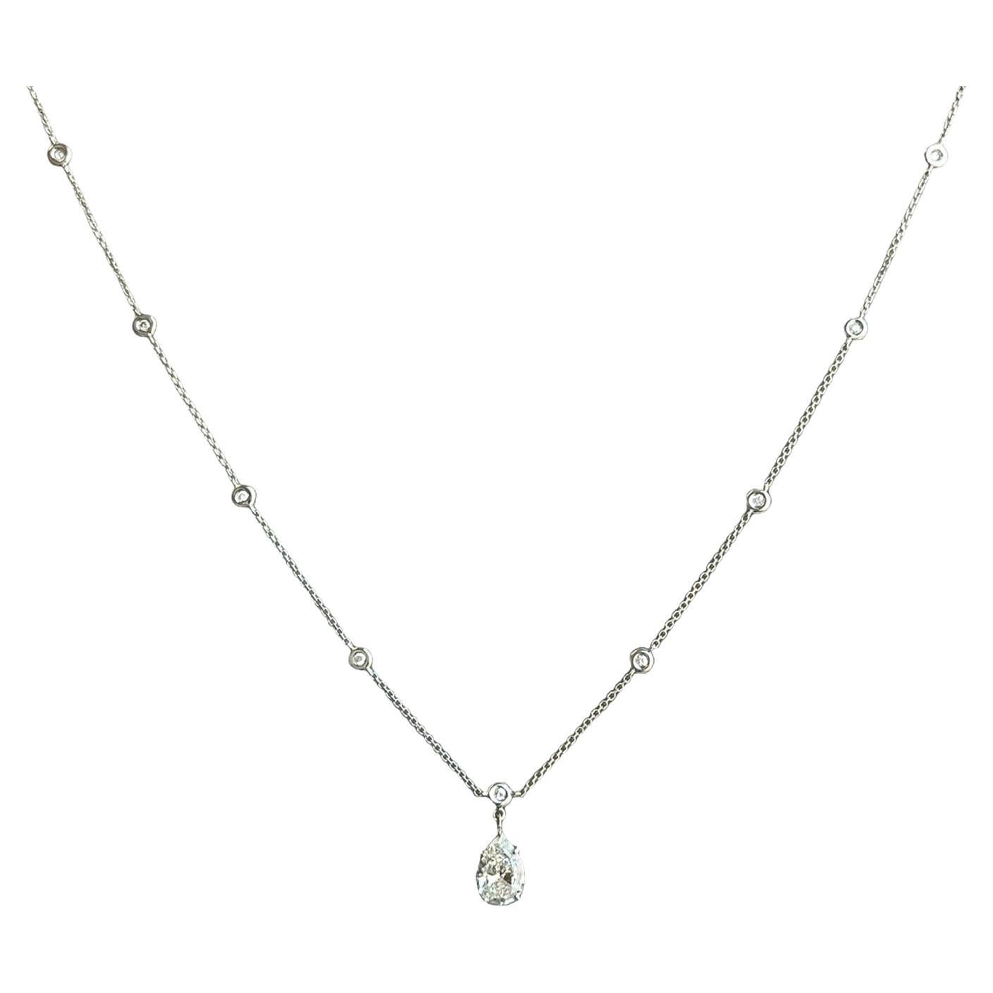 1.56ct Pear Shape Diamond Link Chain Station Necklace Pendant 14K White Gold For Sale