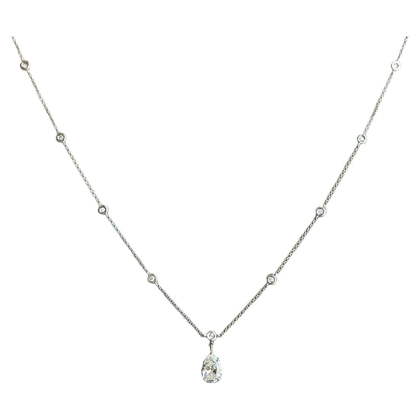 1.56ct Pear Shape Diamond Link Chain Station Necklace Pendant 14K White Gold