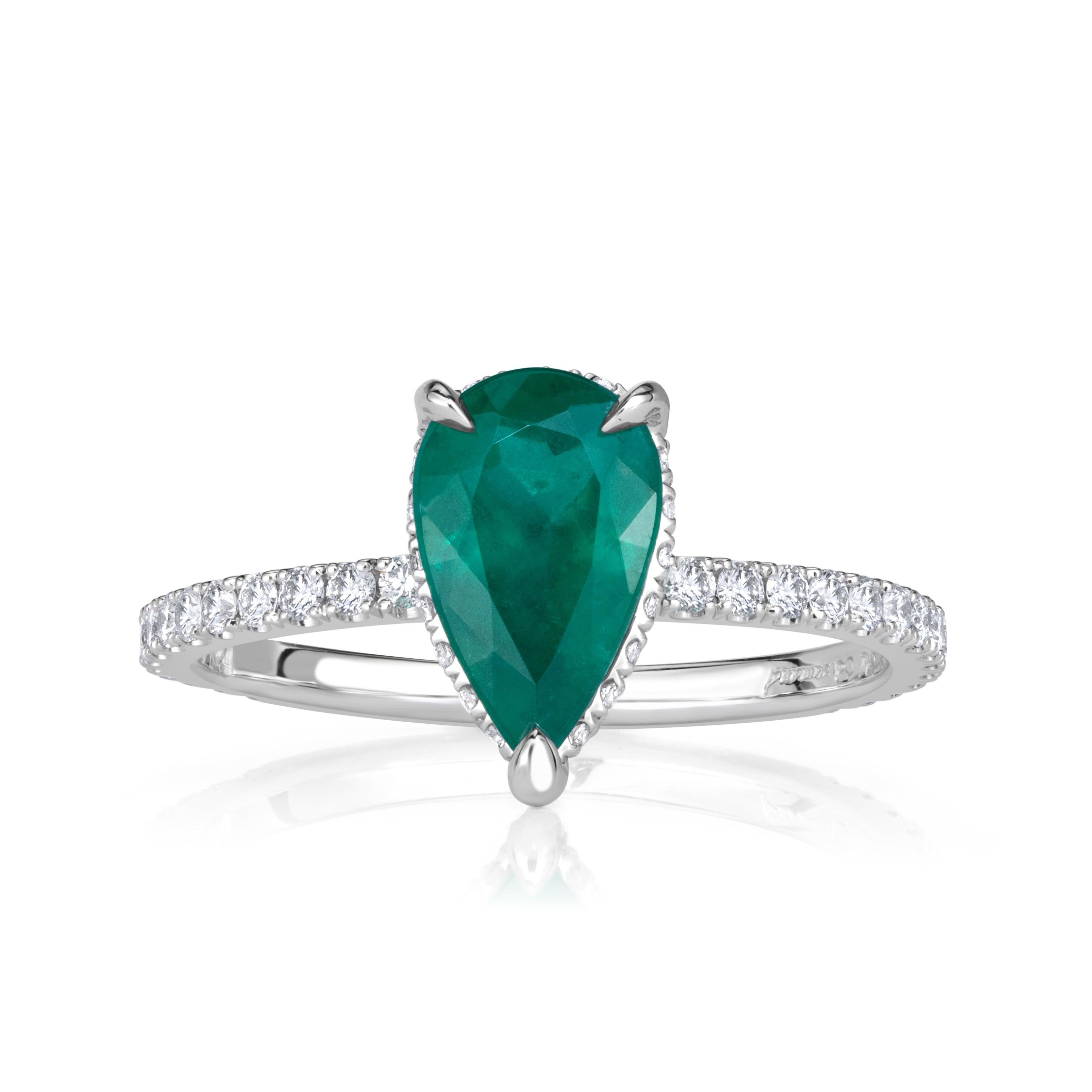 1.56ct Pear Shaped Green Emerald Engagement Ring For Sale