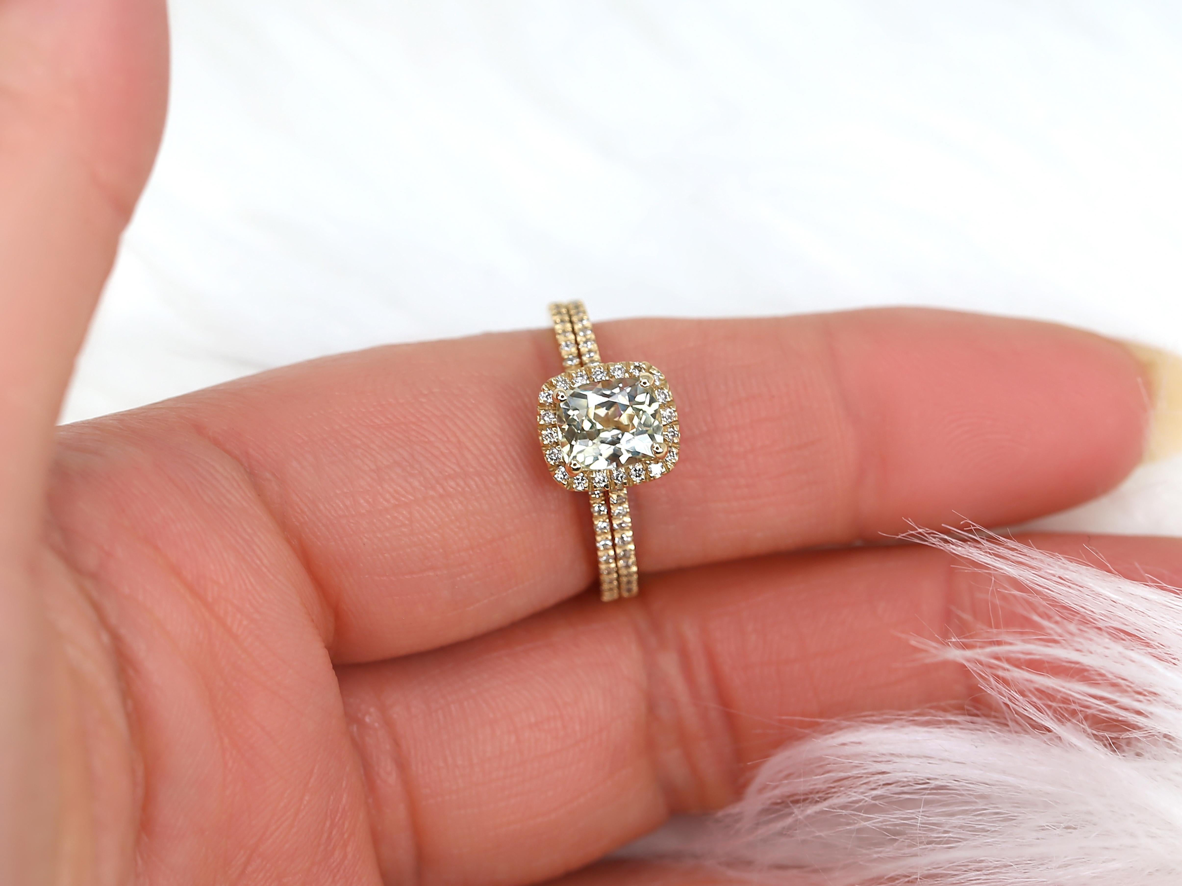 Dazzle your bride-to-be with this unique 1.56cts Romani bridal set. The dainty elongated cushion halo ring features a gorgeous champagne sapphire center stone surrounded by twinkling diamonds, paired perfectly with a matching diamond ring. Handmade