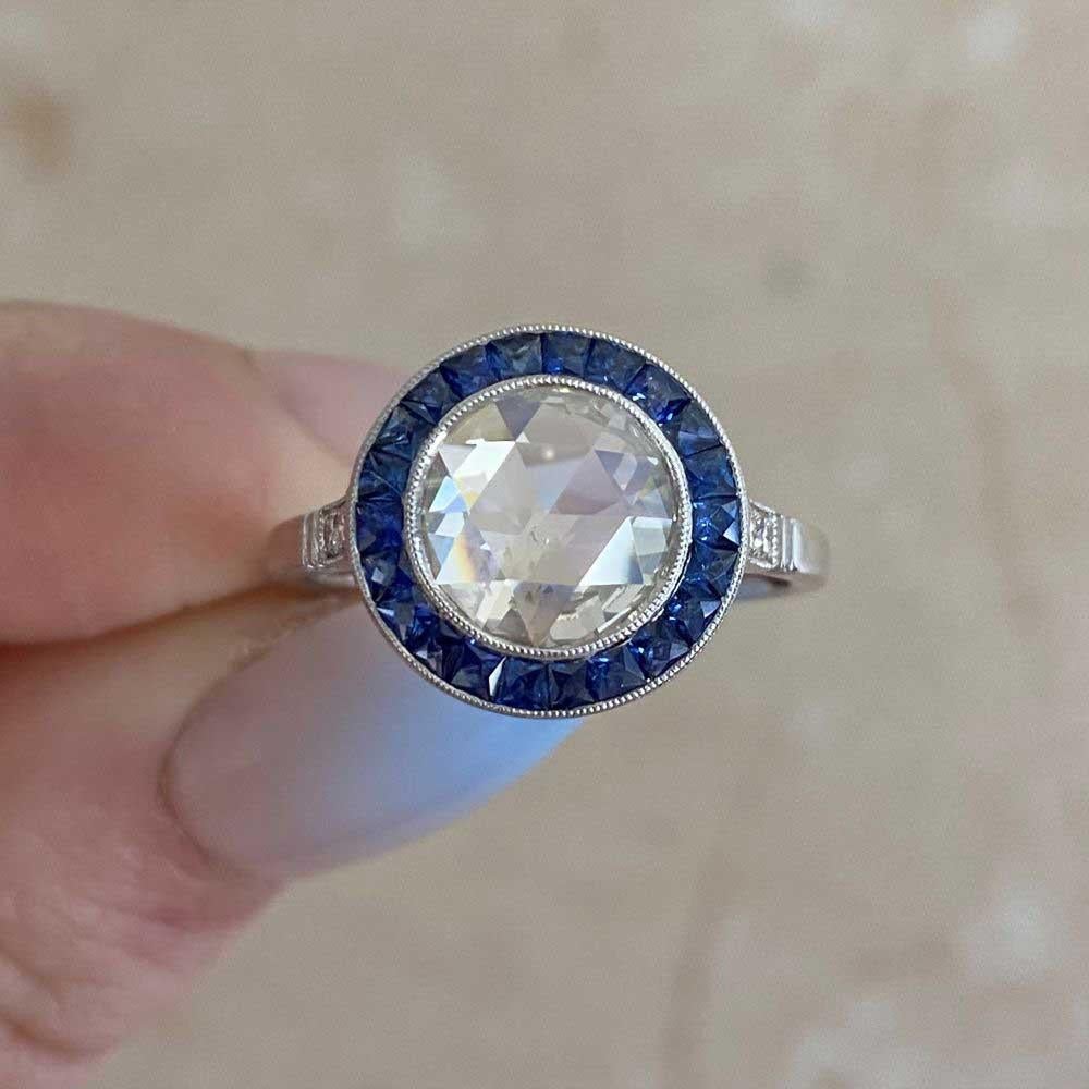 1.56ct Rose Cut Diamond Engagement Ring, Natural Sapphire Halo, Platinum For Sale 5