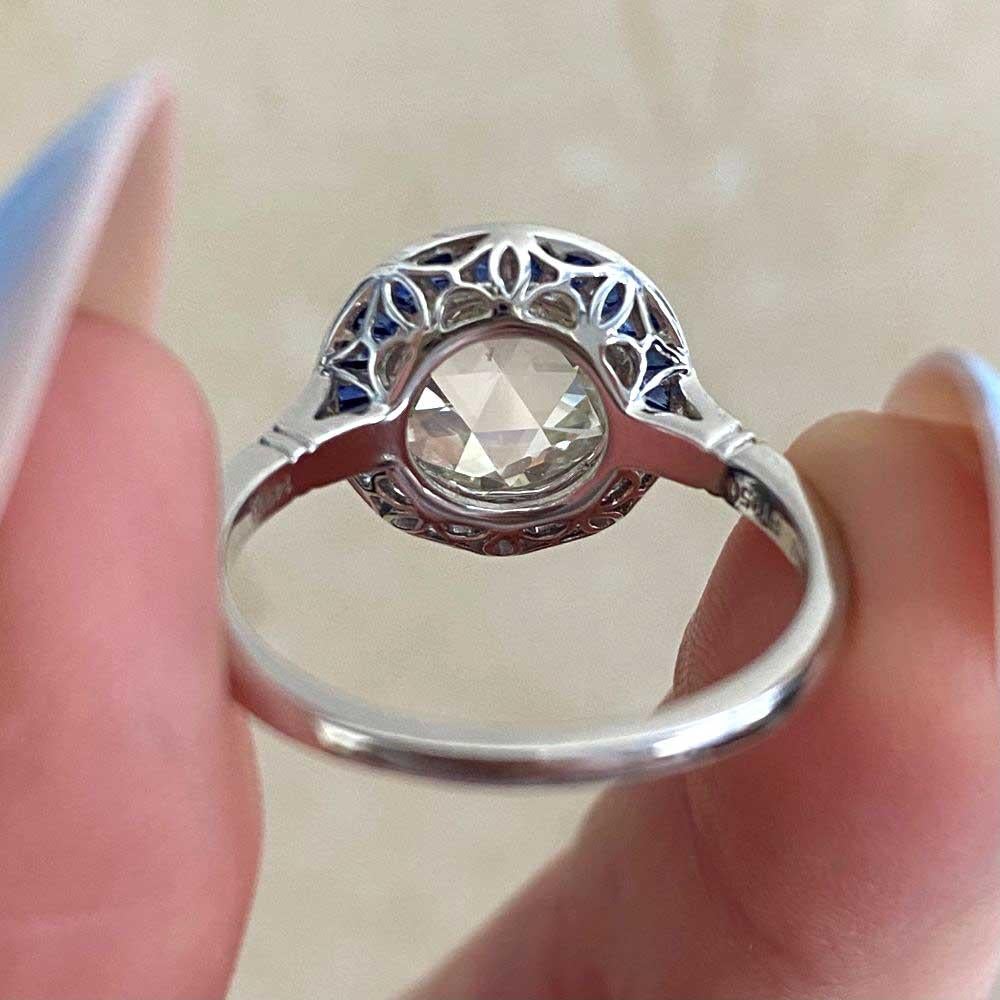 1.56ct Rose Cut Diamond Engagement Ring, Natural Sapphire Halo, Platinum For Sale 6