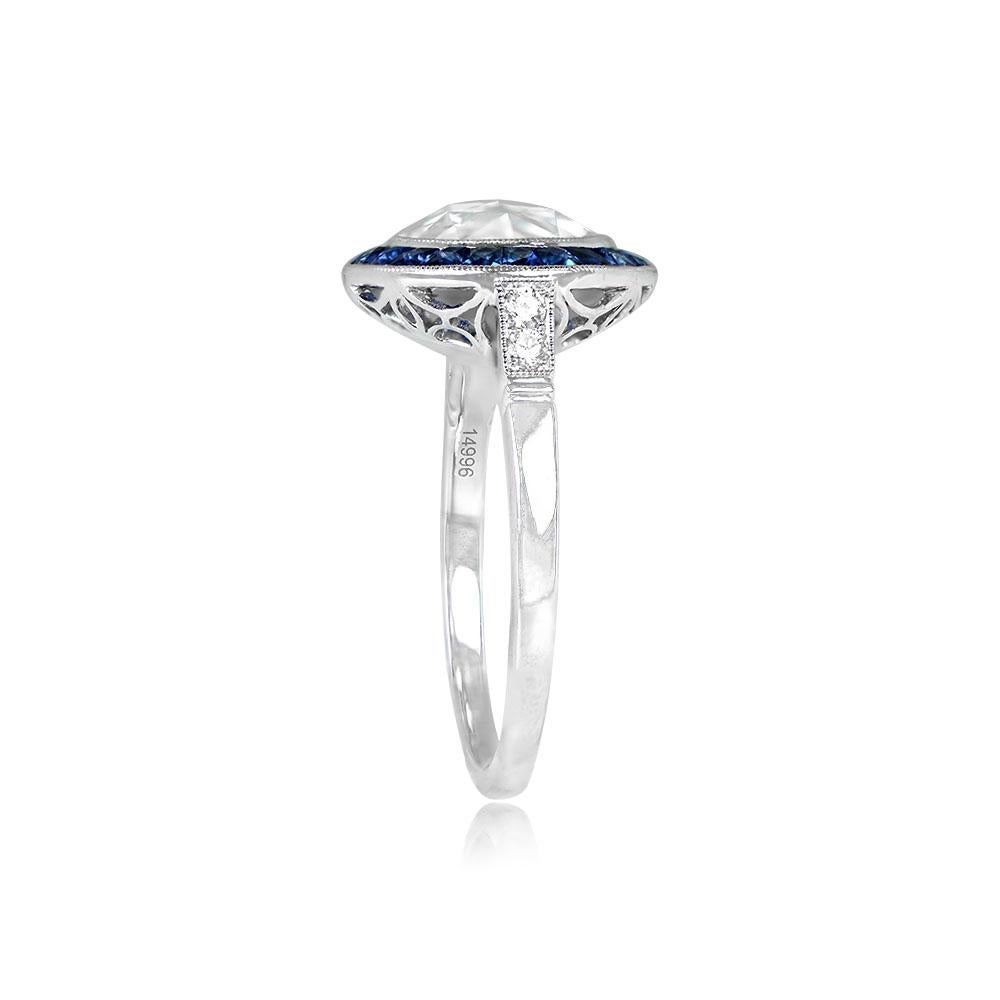 Art Deco 1.56ct Rose Cut Diamond Engagement Ring, Natural Sapphire Halo, Platinum For Sale