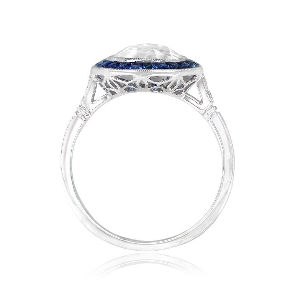 1.56ct Rose Cut Diamond Engagement Ring, Natural Sapphire Halo, Platinum In Excellent Condition For Sale In New York, NY