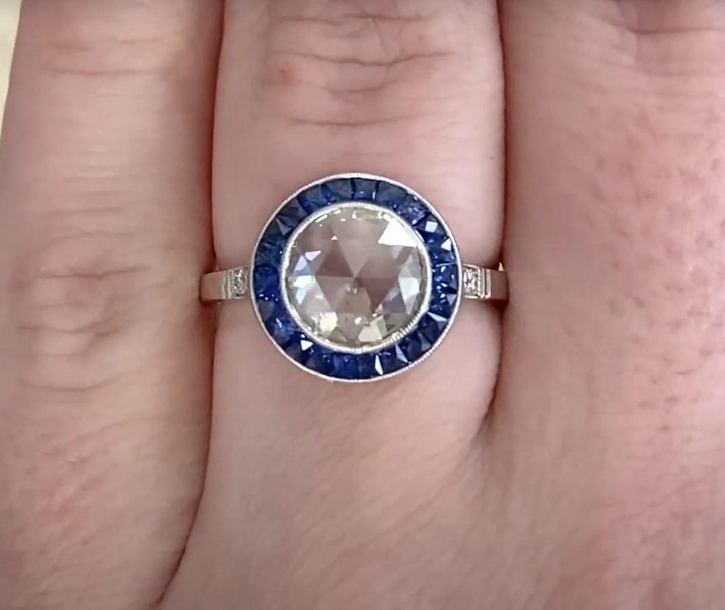 Women's 1.56ct Rose Cut Diamond Engagement Ring, Natural Sapphire Halo, Platinum For Sale