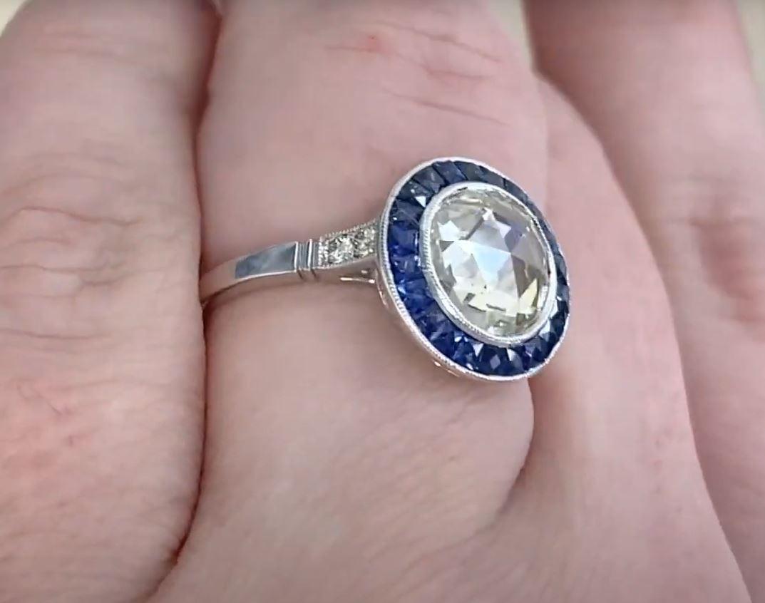 1.56ct Rose Cut Diamond Engagement Ring, Natural Sapphire Halo, Platinum For Sale 1