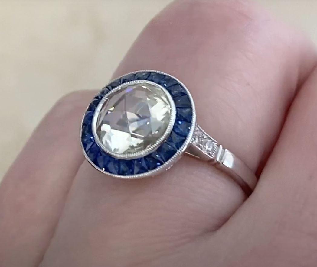1.56ct Rose Cut Diamond Engagement Ring, Natural Sapphire Halo, Platinum For Sale 2