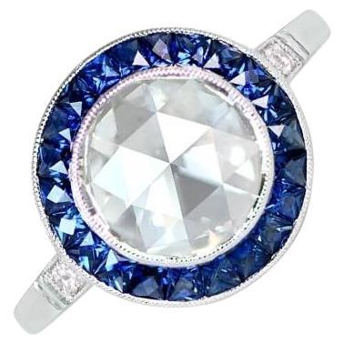 1.56ct Rose Cut Diamond Engagement Ring, Natural Sapphire Halo, Platinum For Sale