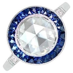 1.56ct Rose Cut Diamond Engagement Ring, Natural Sapphire Halo, Platinum
