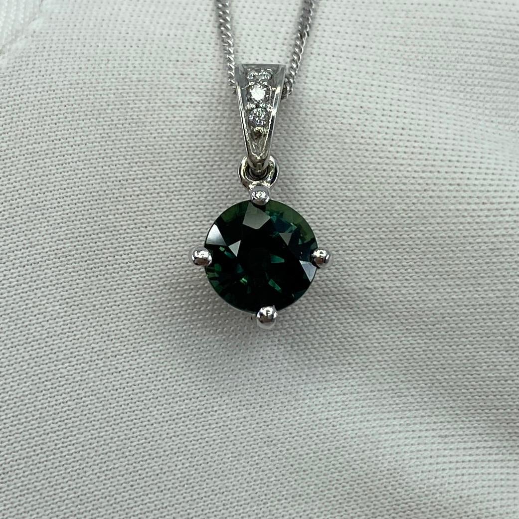 1.56ct Teal Blue Natural Sapphire Diamond Round Cut Platinum Pendant Necklace For Sale 3