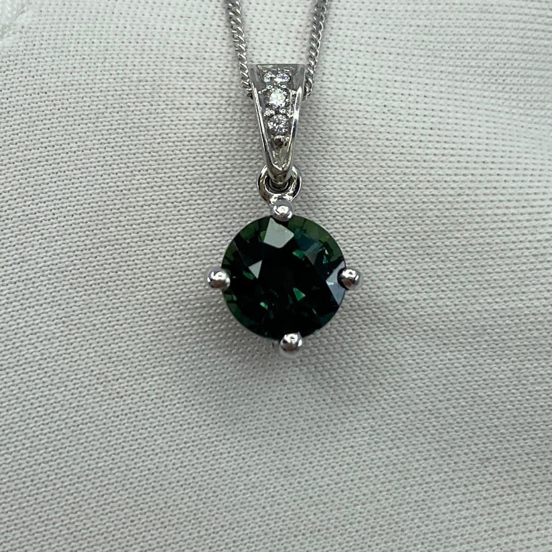 1.56ct Teal Blue Natural Sapphire Diamond Round Cut Platinum Pendant Necklace For Sale 4