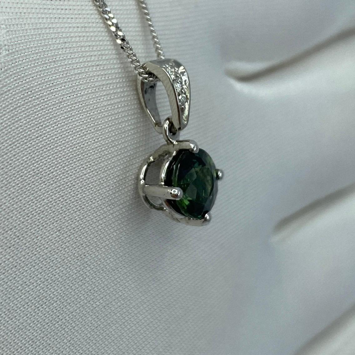 Women's or Men's 1.56ct Teal Blue Natural Sapphire Diamond Round Cut Platinum Pendant Necklace For Sale