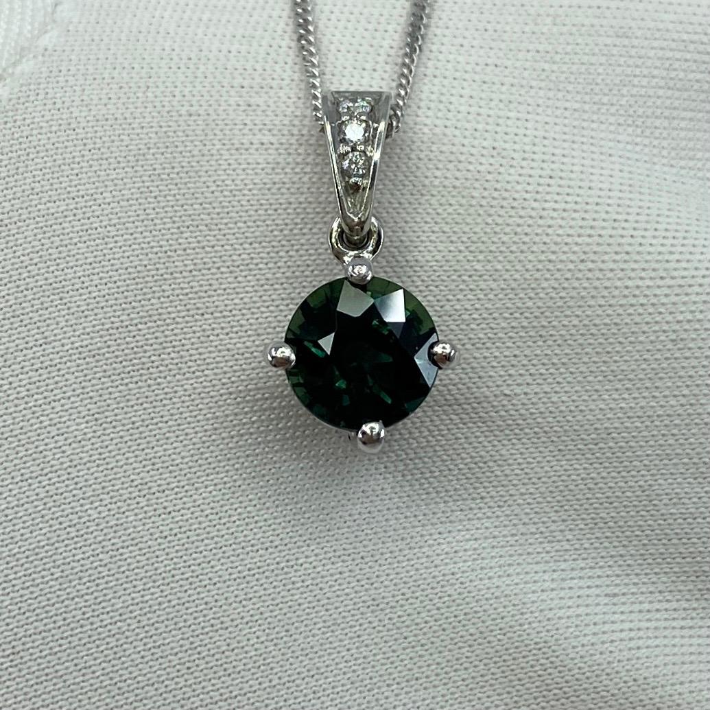 1.56ct Teal Blue Natural Sapphire Diamond Round Cut Platinum Pendant Necklace For Sale 1