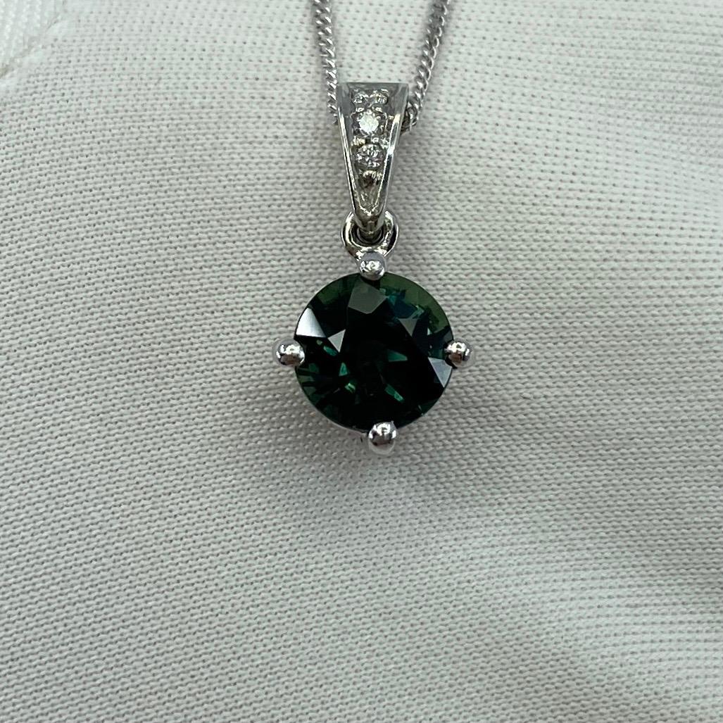 1.56ct Teal Blue Natural Sapphire Diamond Round Cut Platinum Pendant Necklace For Sale 2