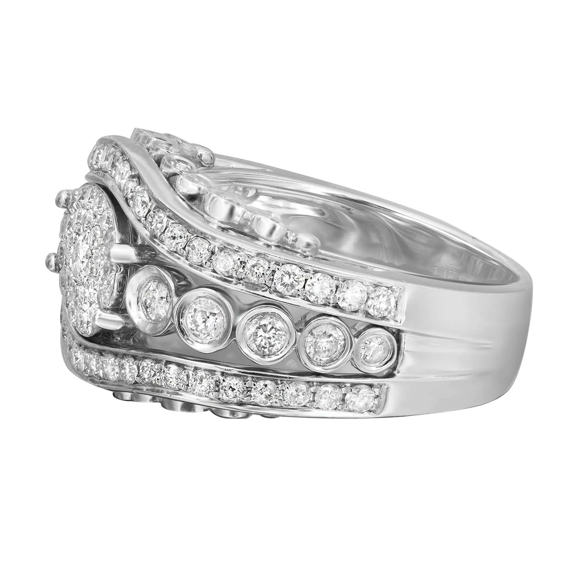 Modern ladies thick band cocktail ring crafted in 14k white gold. This ring features round brilliant cut diamonds encrusted in pave and bezel setting. Total diamond weight: 1.56 carats. Diamond quality: color I and clarity SI2. Ring size: 7.5. Ring